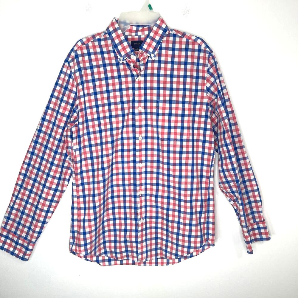J. Crew button down up shirt men's size medium pink blue white plaid checked
